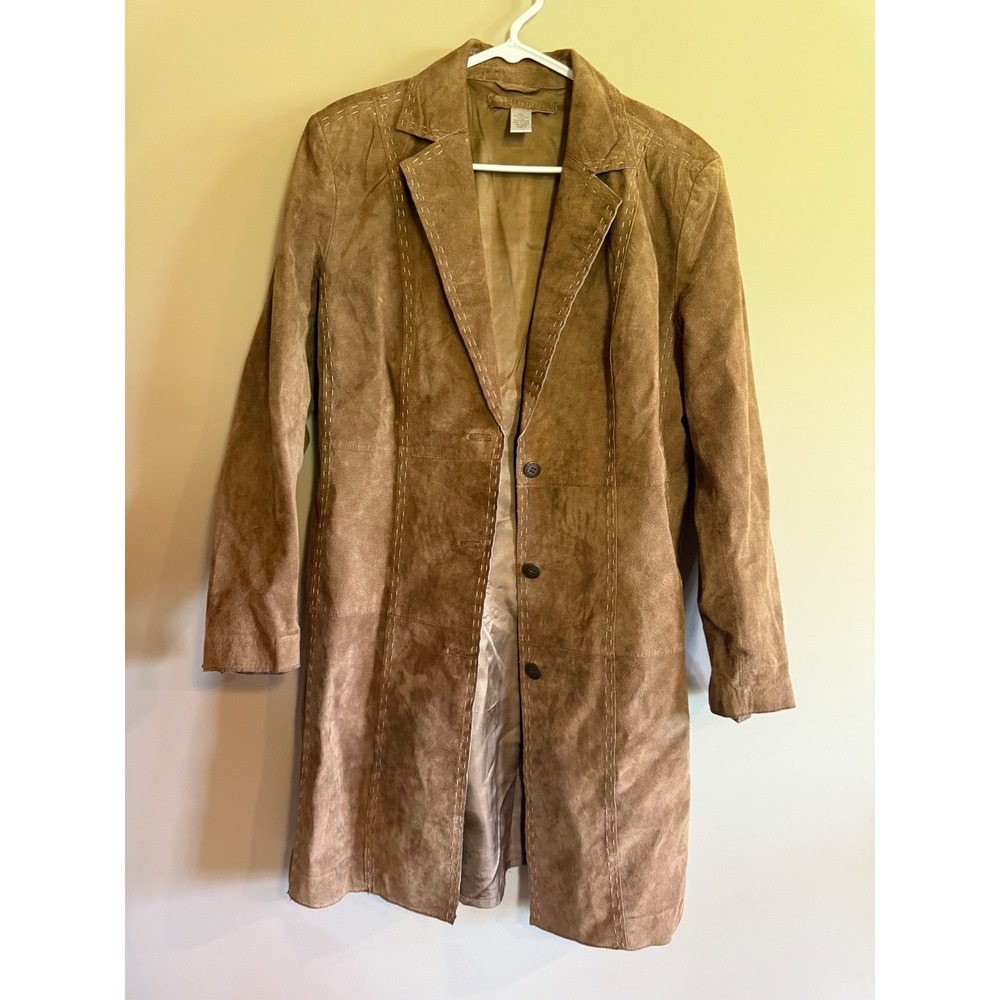 Chicos Womens‎ Brown Suede Leather Longline Whipstitch Jacket Coat Size 1 M